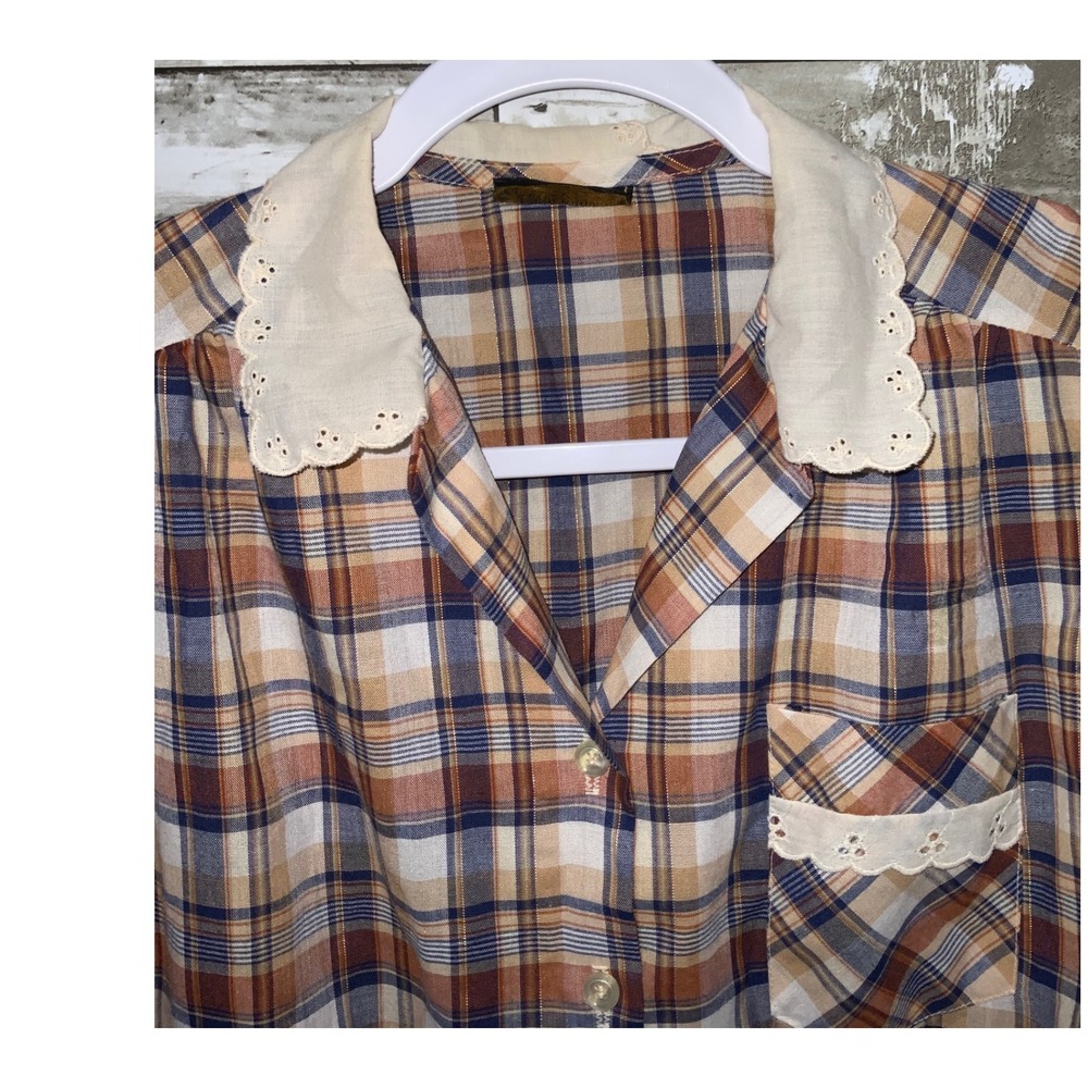 Vintage Underground S.F Womens Brown Plaid Button Front Blouse Size Medium - Picture 4 of 5